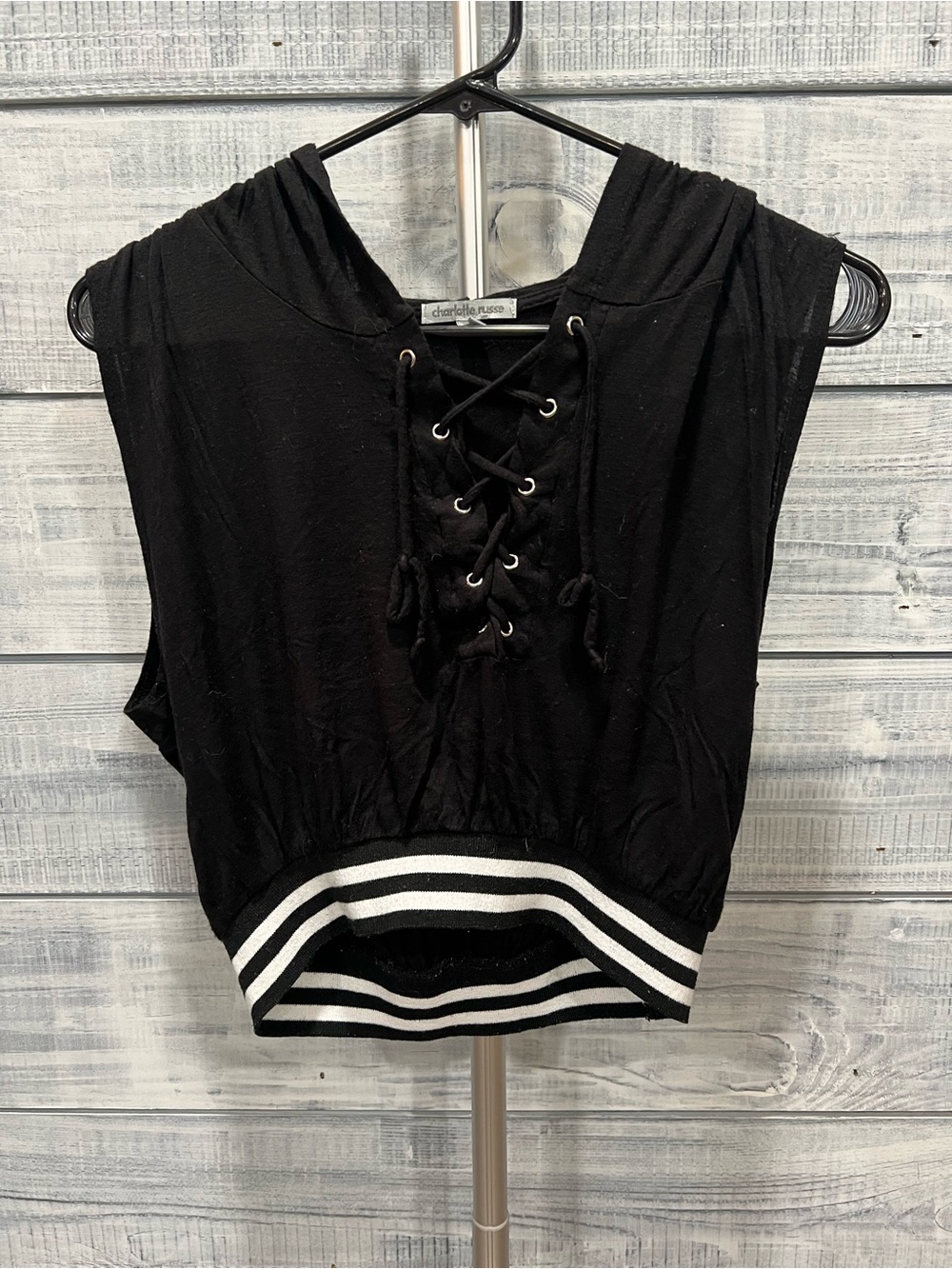 Charlotte Russe Black Lace-Up Cropped Hoodie Tank with White Stripe Hem
